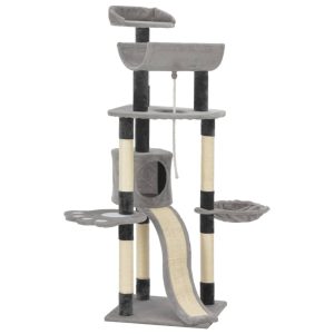 Ansamblu pentru pisici cu stâlpi din funie de sisal, gri, 145cm