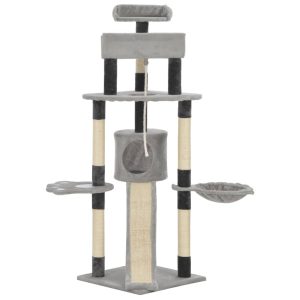 Ansamblu pentru pisici cu stâlpi din funie de sisal, gri, 145cm