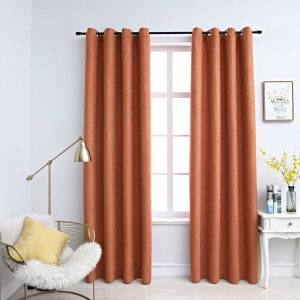 Draperii opace cu inele metalice, 2 buc, ruginiu, 140×245 cm
