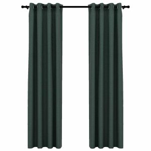 Draperii opace, aspect in, cu ocheți, 2 buc., verde, 140×245 cm