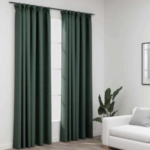 Draperii opace aspect in, cu cârlige, 2 buc. verde, 140×245 cm