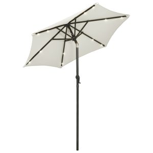 Umbrelă de soare cu lumini LED, nisipiu, 200×211 cm, aluminiu