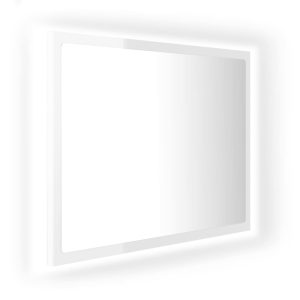 Oglindă de baie cu LED, alb extralucios, 60×8,5×37 cm, acril