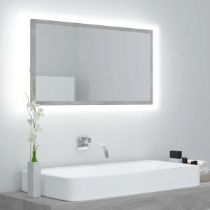 Oglindă de baie cu LED, gri beton, 80×8,5×37 cm, acril