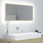 Oglindă de baie cu LED, stejar sonoma, 90×8,5×37 cm, acril