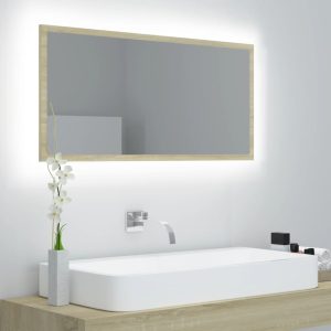 Oglindă de baie cu LED, stejar sonoma, 90×8,5×37 cm, acril