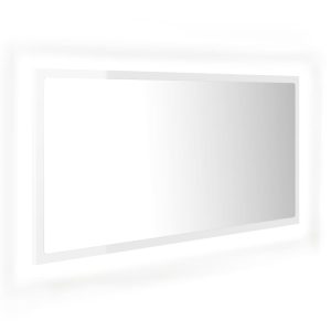 Oglindă de baie cu LED, alb extralucios, 90×8,5×37 cm, acril