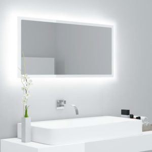 Oglindă de baie cu LED, alb extralucios, 90×8,5×37 cm, acril