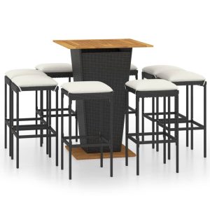 Set mobilier bar de grădină cu perne, 9 piese, negru, poliratan