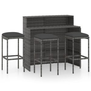 Set mobilier bar de grădină cu perne, 4 piese, gri