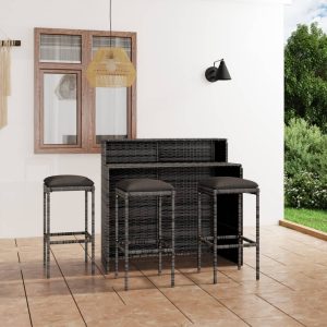Set mobilier bar de grădină cu perne, 4 piese, gri