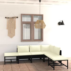 Set mobilier de grădină cu perne, 6 piese, negru, poliratan