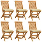 Scaune de grădină cu perne alb crem, 6 buc., lemn masiv de tec