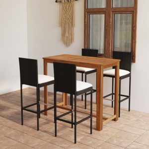 Set mobilier bar de grădină cu perne, 5 piese, negru