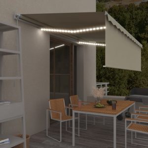 Copertină retractabilă manual cu stor&LED, crem, 5×3 m