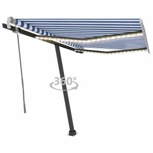 Copertină retractabilă manual cu LED, albastru&alb, 350×250 cm