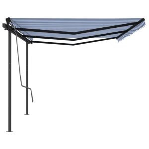 Copertină retractabilă automat, cu stâlpi, albastru&alb, 6×3 m