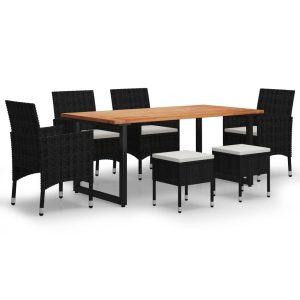 Set de masă pentru grădină cu perne, 7 piese, negru, poliratan
