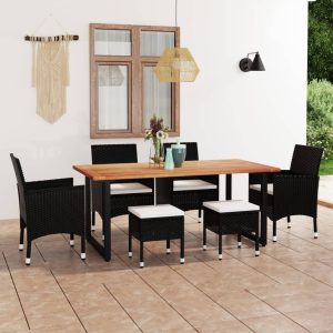 Set de masă pentru grădină cu perne, 7 piese, negru, poliratan