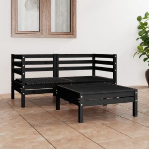 Set mobilier de grădină, 3 piese, negru, lemn masiv de pin