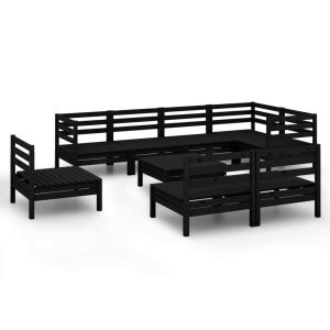 Set mobilier de grădină, 9 piese, negru, lemn masiv de pin