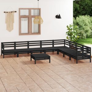 Set mobilier de grădină, 9 piese, negru, lemn masiv de pin