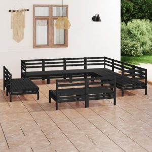 Set mobilier de grădină, 11 piese, negru, lemn masiv de pin