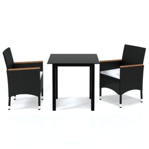 Set mobilier de grădină cu perne, 3 piese, negru, poliratan