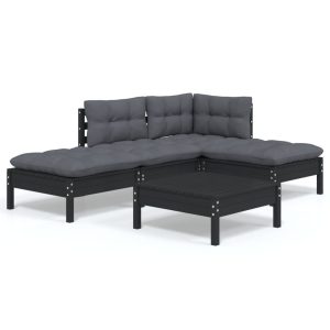 Set mobilier grădină cu perne, 5 piese, negru, lemn de pin