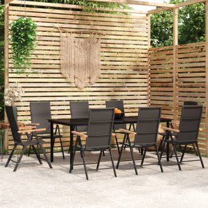 Set mobilier de grădină, 9 piese, negru