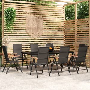 Set mobilier de grădină, 9 piese, negru