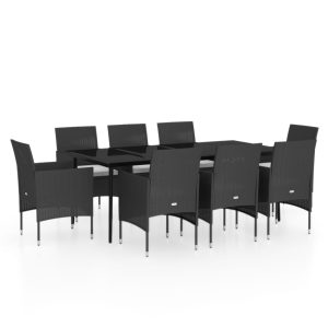 Set mobilier de grădină cu perne, 9 piese, negru