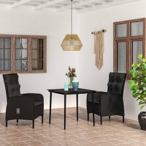 Set mobilier de grădină cu perne, 3 piese, negru