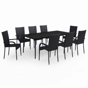 Set mobilier de grădină, negru, 9 piese