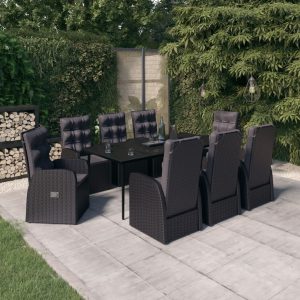 Set mobilier de grădină cu perne, 9 piese, negru