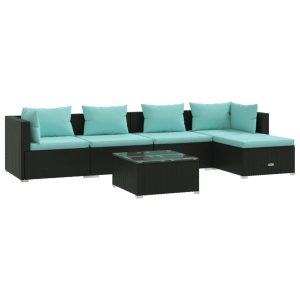 Set mobilier de grădină cu perne, 6 piese, negru, poliratan