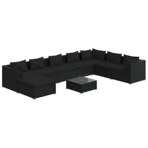 Set mobilier de grădină cu perne, 9 piese, negru, poliratan