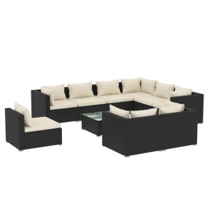 Set mobilier de grădină cu perne, 10 piese, negru, poliratan
