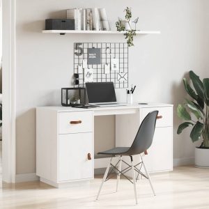 Birou cu dulapuri, alb, 135x50x75 cm, lemn masiv de pin