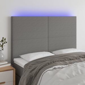 Tăblie de pat cu LED, gri închis, 144x5x118/128 cm, textil