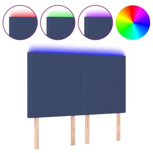 Tăblie de pat cu LED, albastru, 144x5x118/128 cm, textil