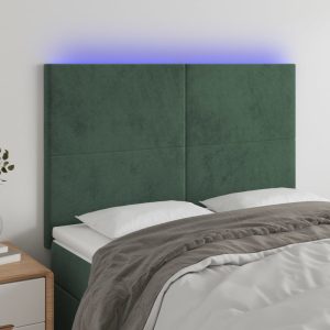 Tăblie de pat cu LED, verde închis, 144x5x118/128 cm, catifea