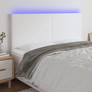 Tăblie de pat cu LED, alb, 200x5x118/128 cm, piele ecologică