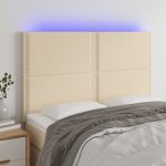 Tăblie de pat cu LED, crem, 144x5x118/128 cm, textil