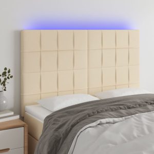 Tăblie de pat cu LED, crem, 144x5x118/128 cm, textil