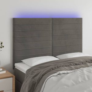 Tăblie de pat cu LED, gri închis, 144x5x118/128 cm, catifea