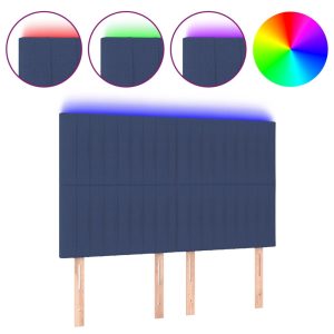 Tăblie de pat cu LED, albastru, 144x5x118/128 cm, textil