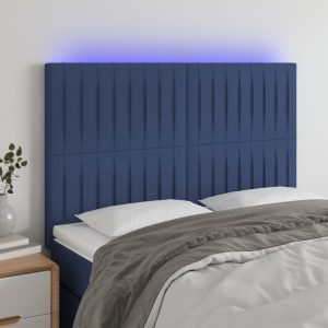 Tăblie de pat cu LED, albastru, 144x5x118/128 cm, textil