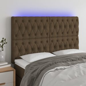Tăblie de pat cu LED, maro închis, 144x7x118/128 cm, textil