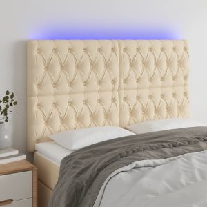 Tăblie de pat cu LED, crem, 144x7x118/128 cm, textil